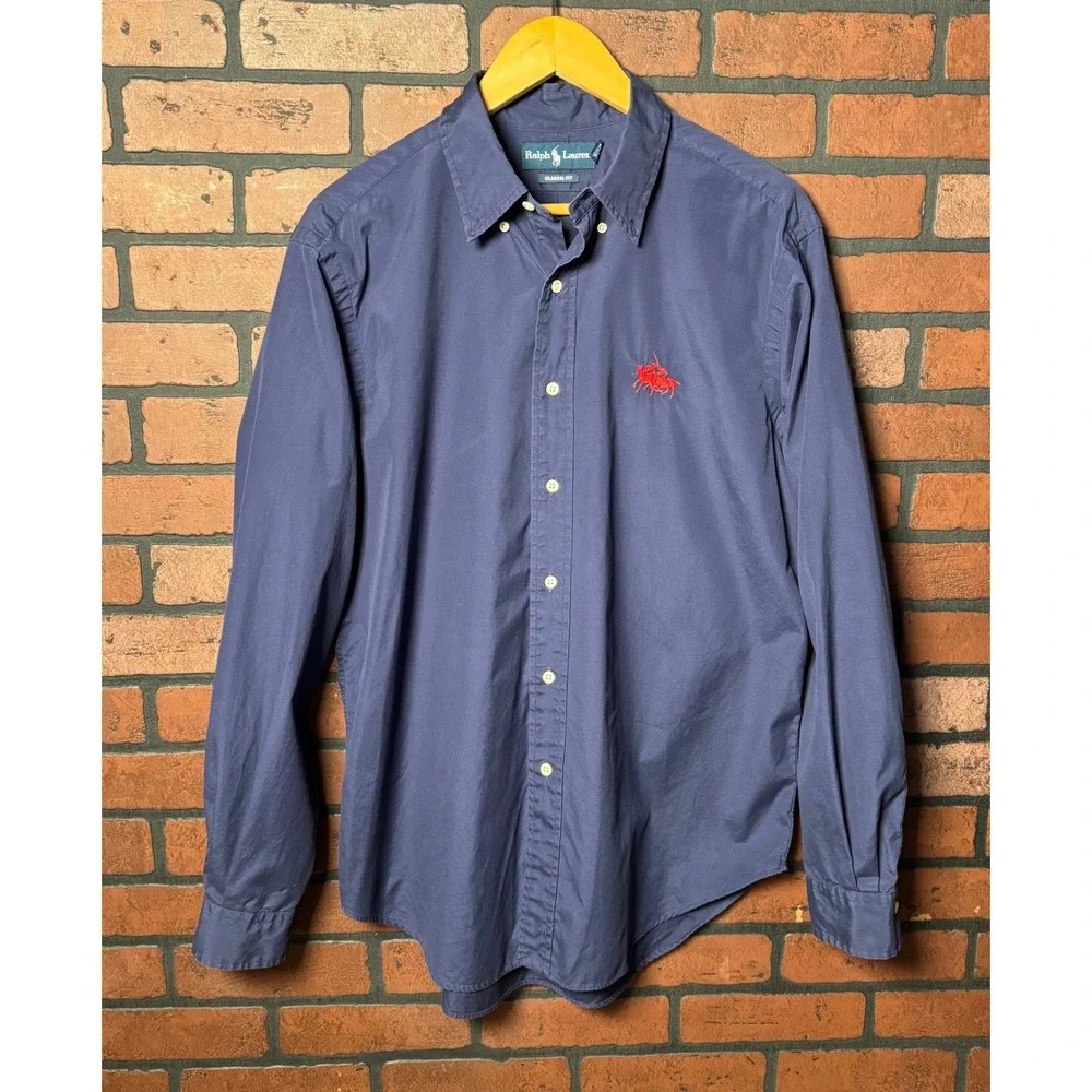 Polo Ralph Lauren Classic Fit Button Up Shirt Navy Blue Double Pony Men's L VTG